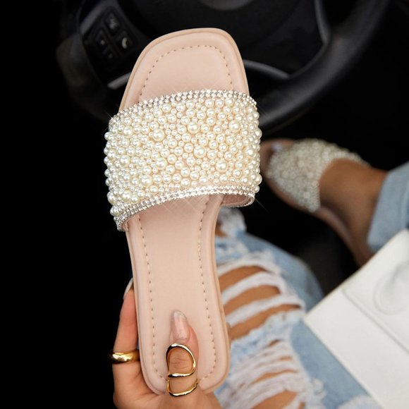 BAMBOO Shoes - NEW🔥 Jeweled Pearl Bling Rhinestone Open Toe Slide Sandal Flat Flip Flops
